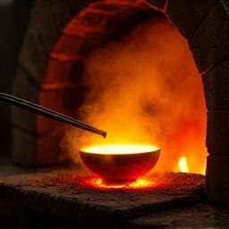 Un pezzo di ceramica incandescente estratto con lunghe pinze metalliche da un forno Raku rovente, avvolto da vapori.